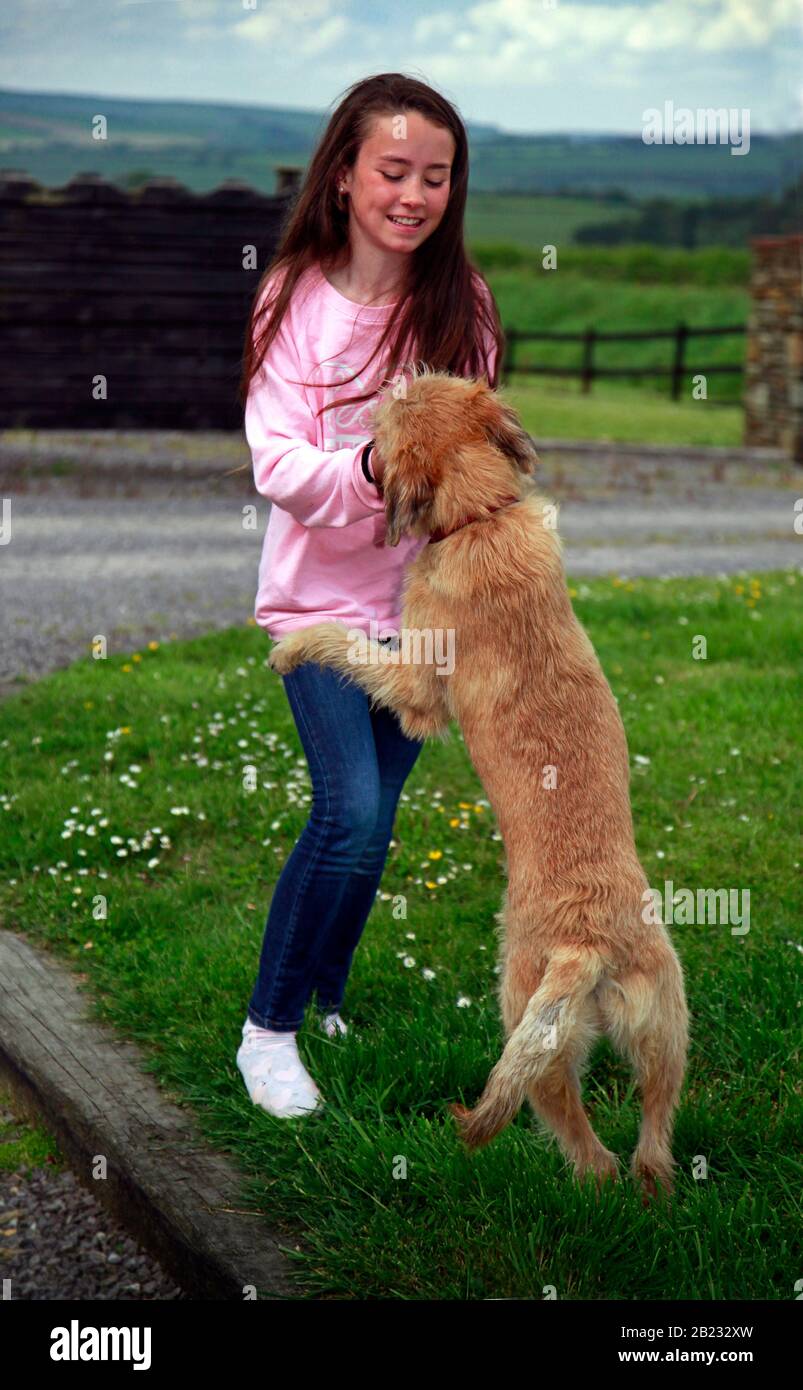 Young Teenage Irish Girl mit ihrem Haustier Dog in ihrem Garten, im Freien in Cork Ireland Stockfoto