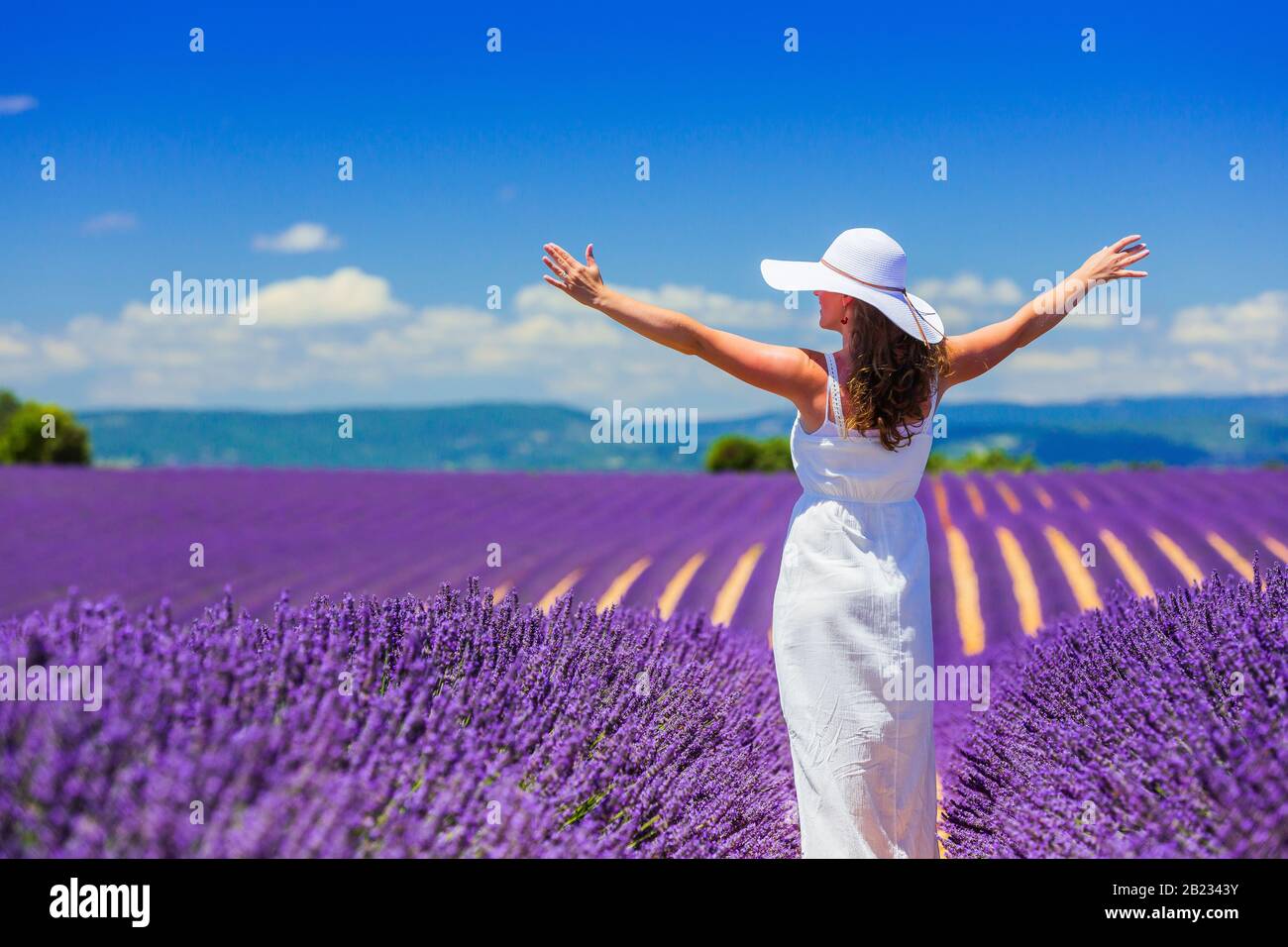 Provence, Frankreich. Ein Mädchen in weißem Kleid, das durch Lavendelfelder läuft. Stockfoto