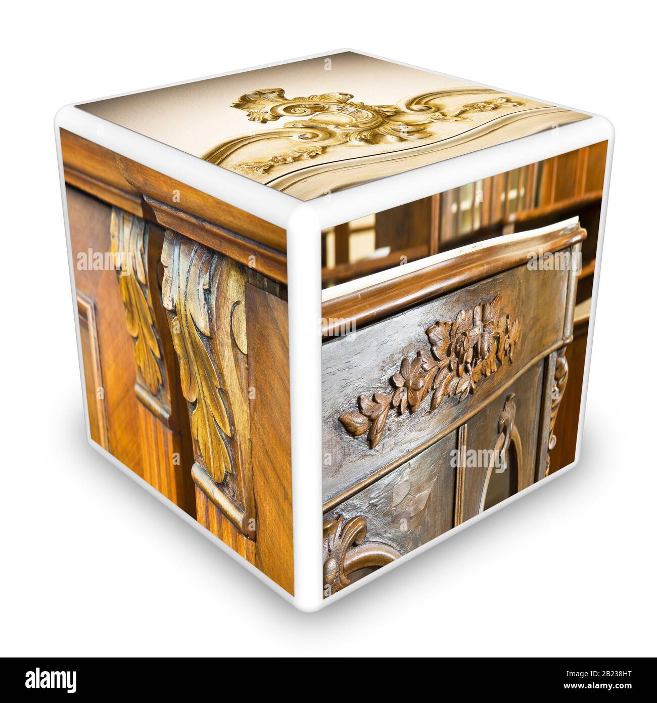 Die Details der antiken italienischen Möbel wurden gerade wiederhergestellt - 3D-Renderwürfel formte ein konzeptionelles Bild Stockfoto