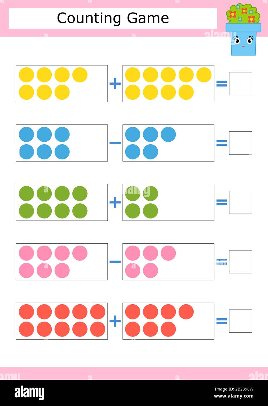 Zählspiel für Vorschulkinder. Das Studium der Mathematik. Addition und Subtraktion. Farbige Kreise. Mit einem Ort für Antworten. Einfache flache Isola Stock Vektor