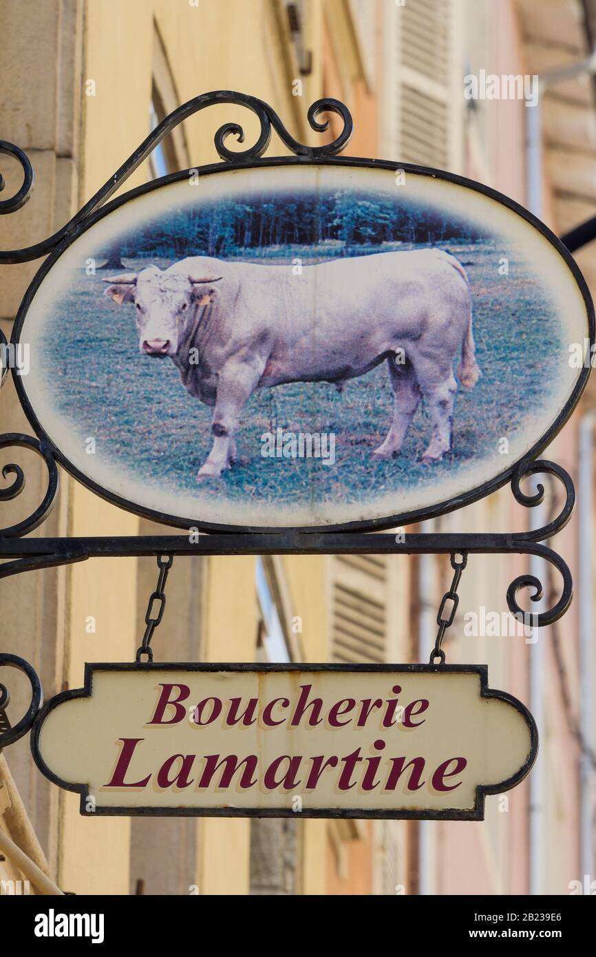 Lamartine Butchery sign, Mâcon, Saône et Loiré, Frankreich Stockfoto