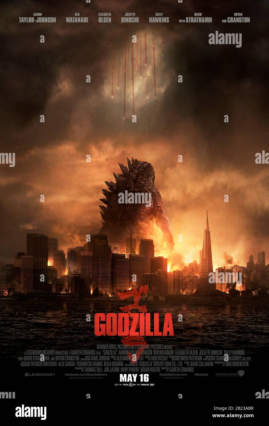 Godzilla (2014) unter der Regie von Gareth Edwards und mit Aaron Taylor-Johnson, Elizabeth Olsen, Bryan Cranston und Juliette Binoche in den Hauptrollen. Amerikanischer Neustart von Tohos Godzilla-Franchise und der ersten Ausgabe von Monsterverse Von Legendary. Kann Gozilla MUTO übernehmen und seinen Platz als König der Monster sichern? Stockfoto