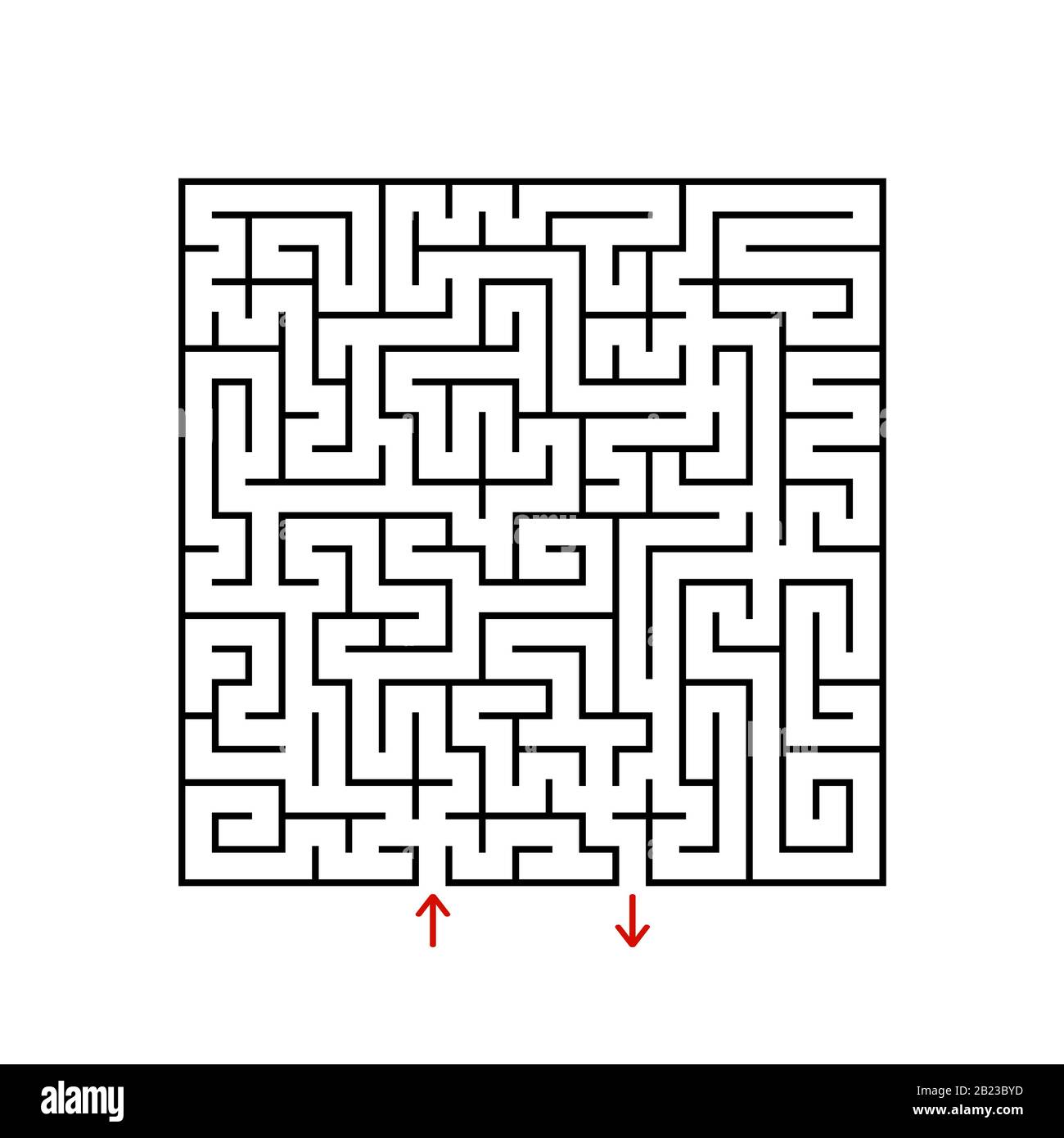 Schwarzes quadratisches Labyrinth mit ein- und Ausgang. Ein Spiel für Kinder und Erwachsene. Einfache flache Vektorgrafiken isoliert auf weißem Hintergrund Stock Vektor
