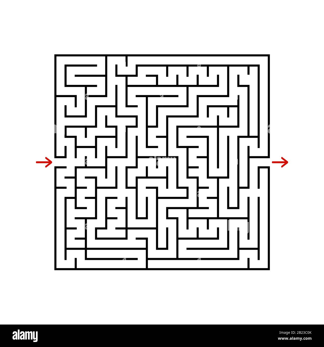 Schwarzes quadratisches Labyrinth mit ein- und Ausgang. Ein Spiel für Kinder und Erwachsene. Einfache flache Vektorgrafiken isoliert auf weißem Hintergrund Stock Vektor