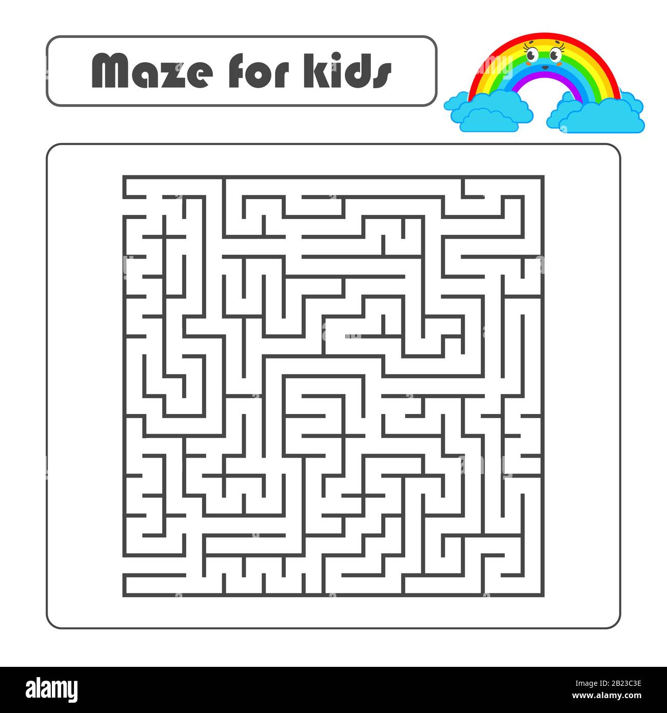 Schwarzes quadratisches Labyrinth mit ein- und Ausgang. Mit einem niedlichen Cartoon eines Regenbogens. Einfache flache Vektorgrafiken isoliert auf weißem Hintergrund Stock Vektor