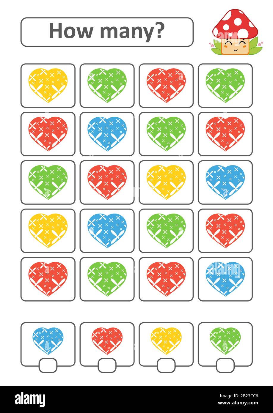 Zählspiel für Vorschulkinder zur Entwicklung mathematischer Fähigkeiten. Wie viele Herzen in verschiedenen Farben. Mit einem Ort für Antworten. Sim Stock Vektor