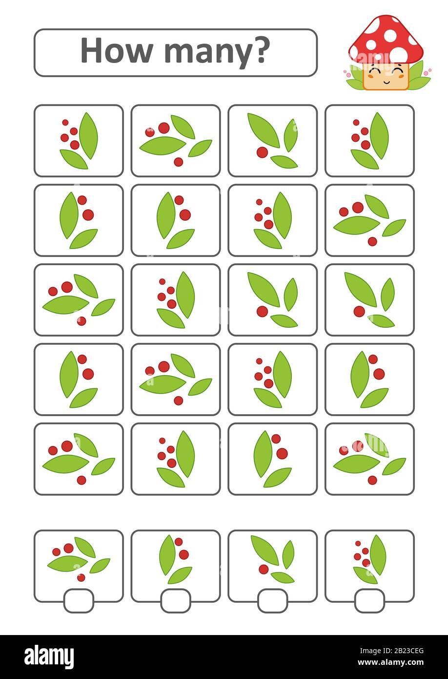 Zählspiel für Vorschulkinder. Das Studium der Mathematik. Mit einem Ort für Antworten. Einfache, flach isolierte Vektorgrafiken Stock Vektor