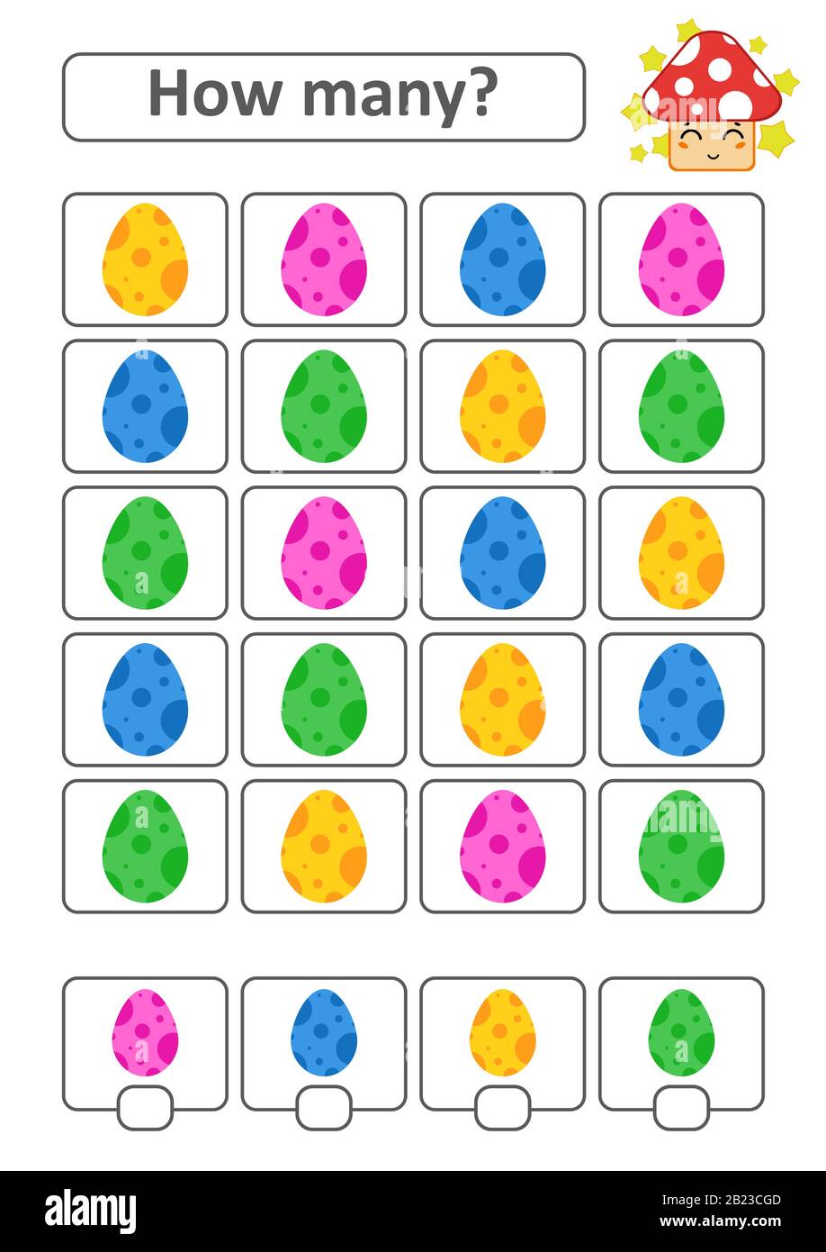 Zählspiel für Vorschulkinder zur Entwicklung mathematischer Fähigkeiten. Wie viele Eier in verschiedenen Farben. Mit einem Ort für Antworten. Simpl Stock Vektor