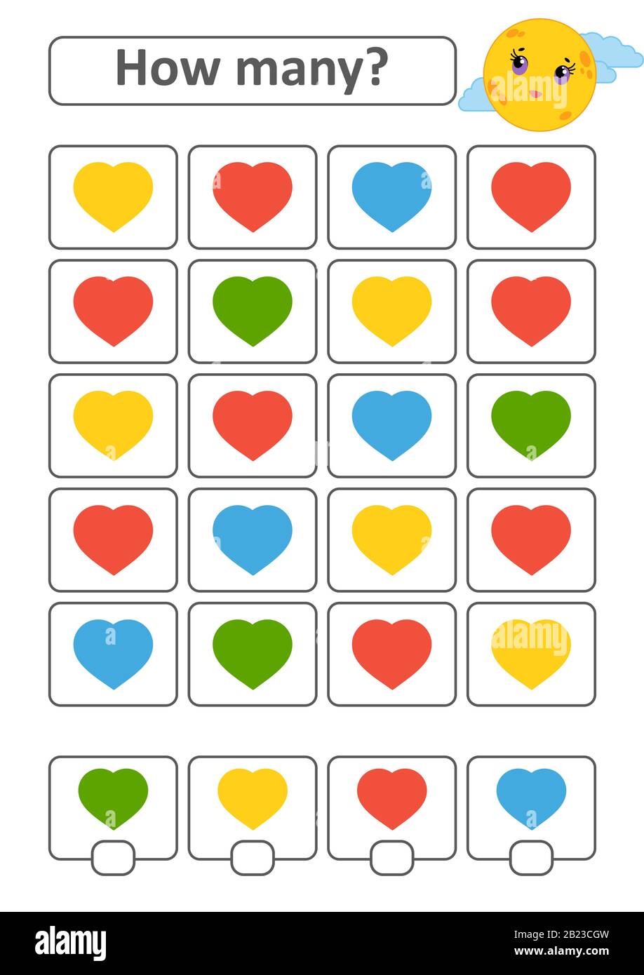 Zählspiel für Vorschulkinder zur Entwicklung mathematischer Fähigkeiten. Wie viele Herzen in verschiedenen Farben. Mit einem Ort für Antworten. Sim Stock Vektor