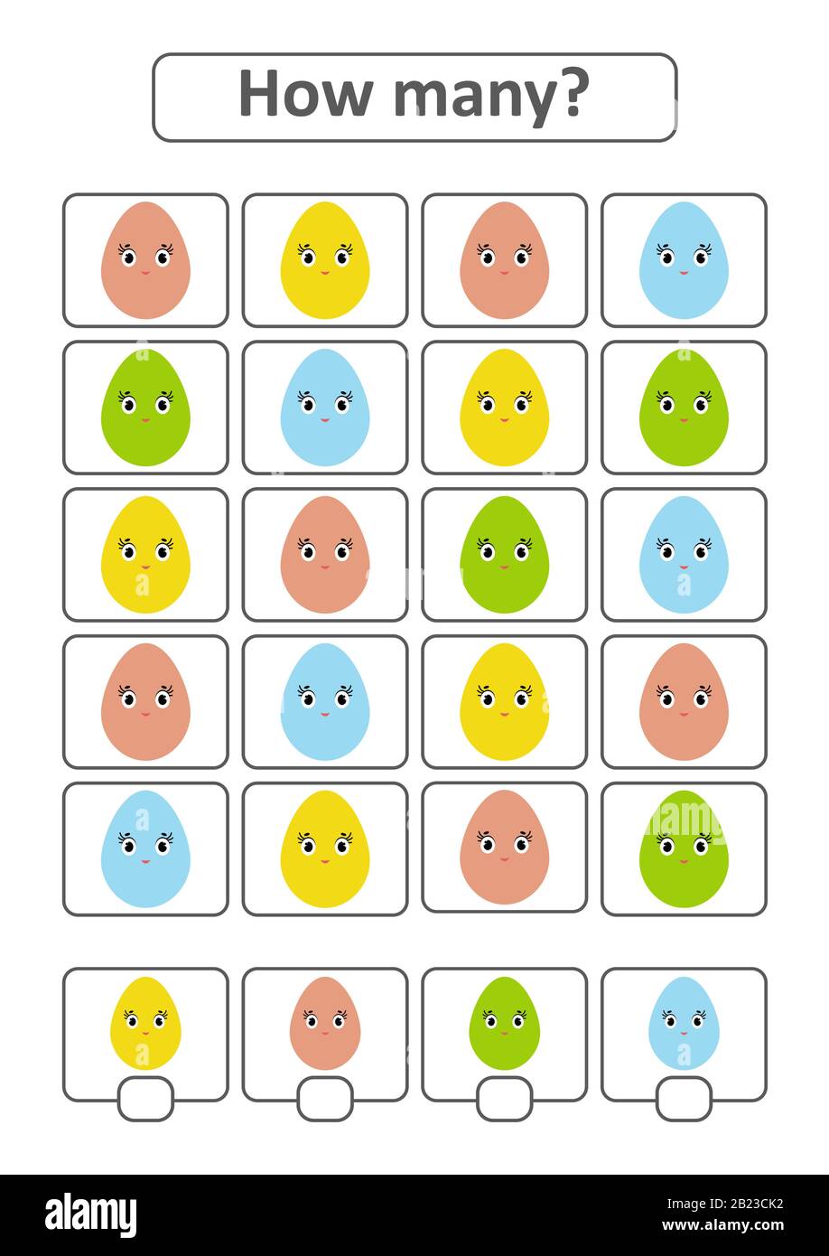 Zählspiel für Vorschulkinder zur Entwicklung mathematischer Fähigkeiten. Wie viele Eier in verschiedenen Farben. Mit einem Ort für Antworten. Simpl Stock Vektor
