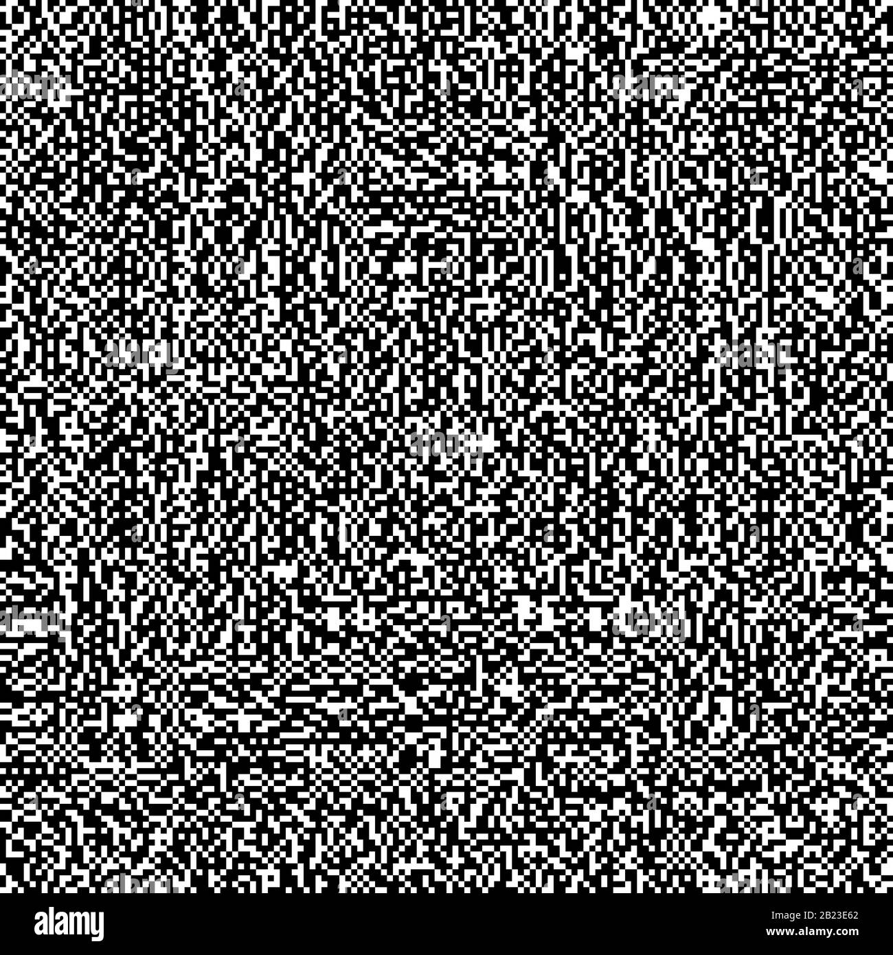 Hintergrund aus zufällig verteilten schwarzen und weißen Quadraten. Nahtlose Kachel und Hintergrund mit dem Design einer zufälligen, computergenerierten Textur und Stockfoto