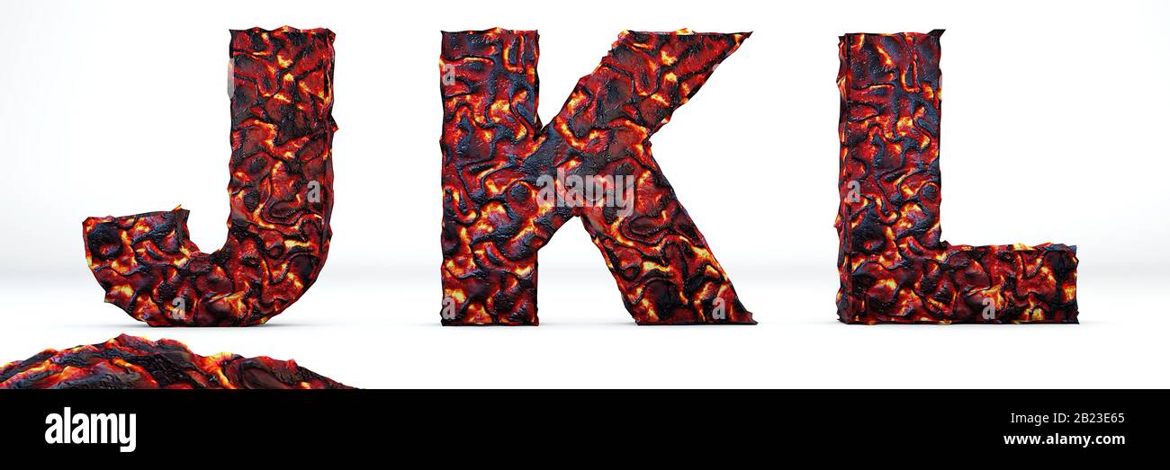 Vulkanische Buchstaben J, K, L. 3D Render von vulkanischer Schrift weiß brennende Lava isoliert auf weißem Hintergrund. Stockfoto