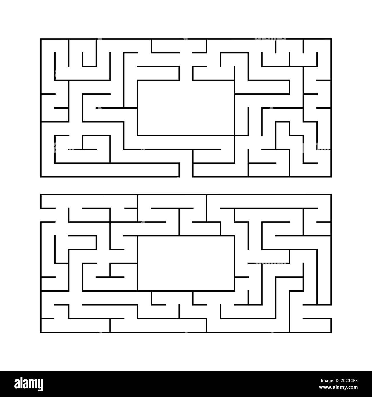 Zwei rechteckige Labyrinthe. Einfache flache Vektorgrafiken isoliert auf weißem Hintergrund. Mit einem Ort für Ihr Bild Stock Vektor