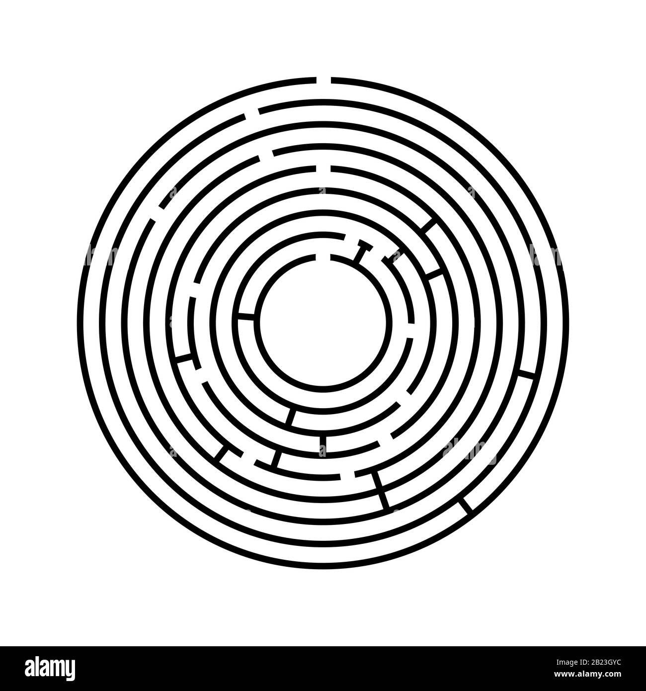 Abstraktes Rundlabyrinth. Ein pädagogisches Spiel für Kinder und Erwachsene. Einfache flache Vektorgrafiken isoliert auf weißem Hintergrund Stock Vektor