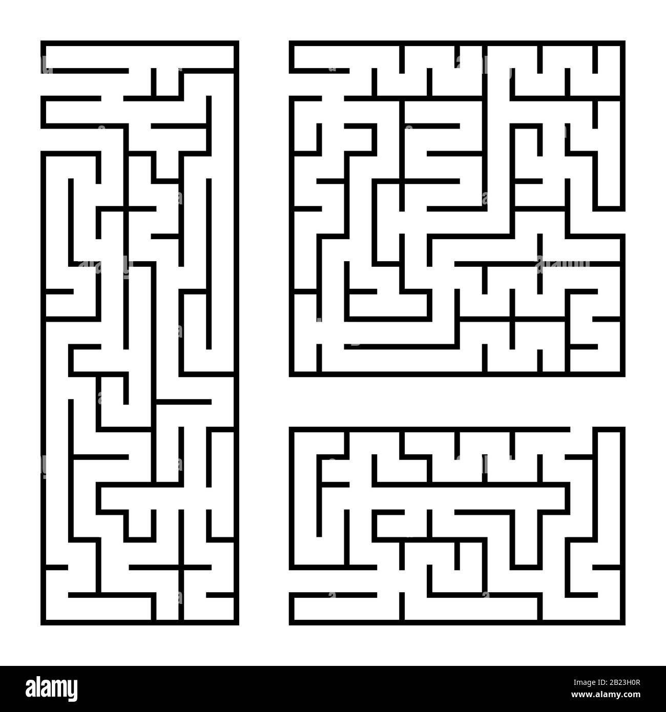 Ein Satz quadratischer und rechteckiger Labyrinthe mit ein- und Ausgang. Einfache flache Vektorgrafiken isoliert auf weißem Hintergrund Stock Vektor