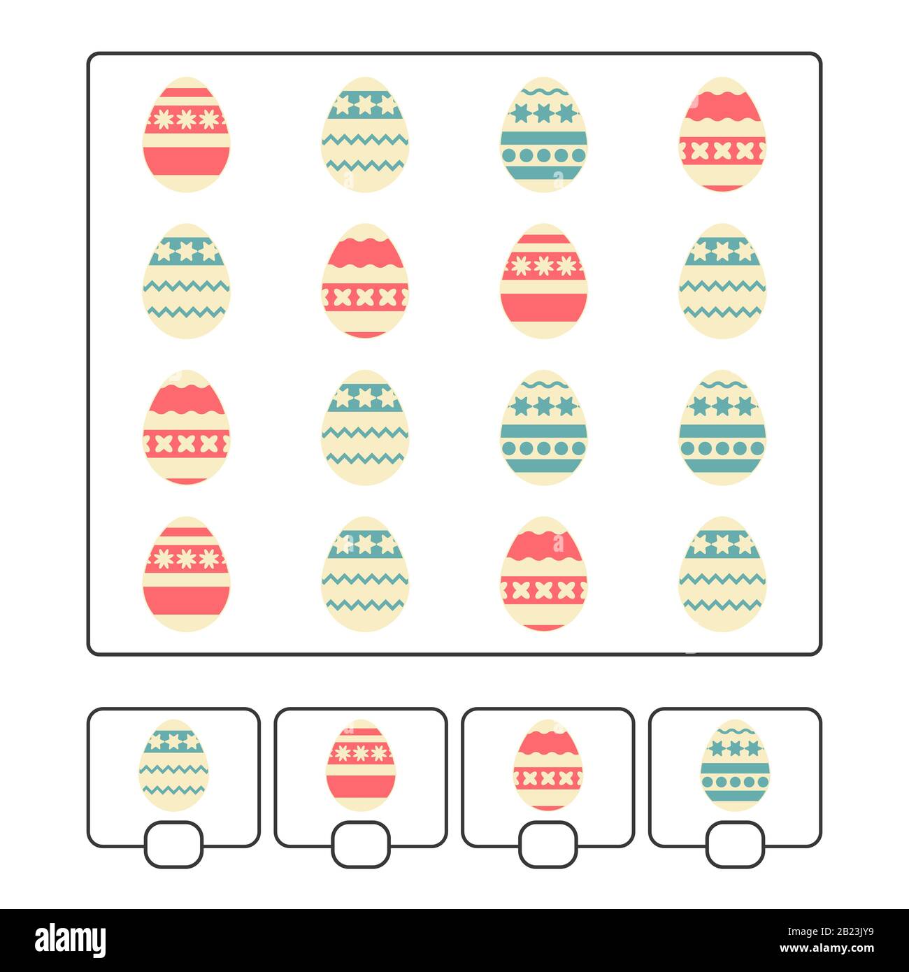 Zählspiel für Vorschulkinder zur Entwicklung mathematischer Fähigkeiten. Wie viel. Ostereier. Mit einem Ort zum Schreiben von Antworten. Einfache Wohnung Stock Vektor