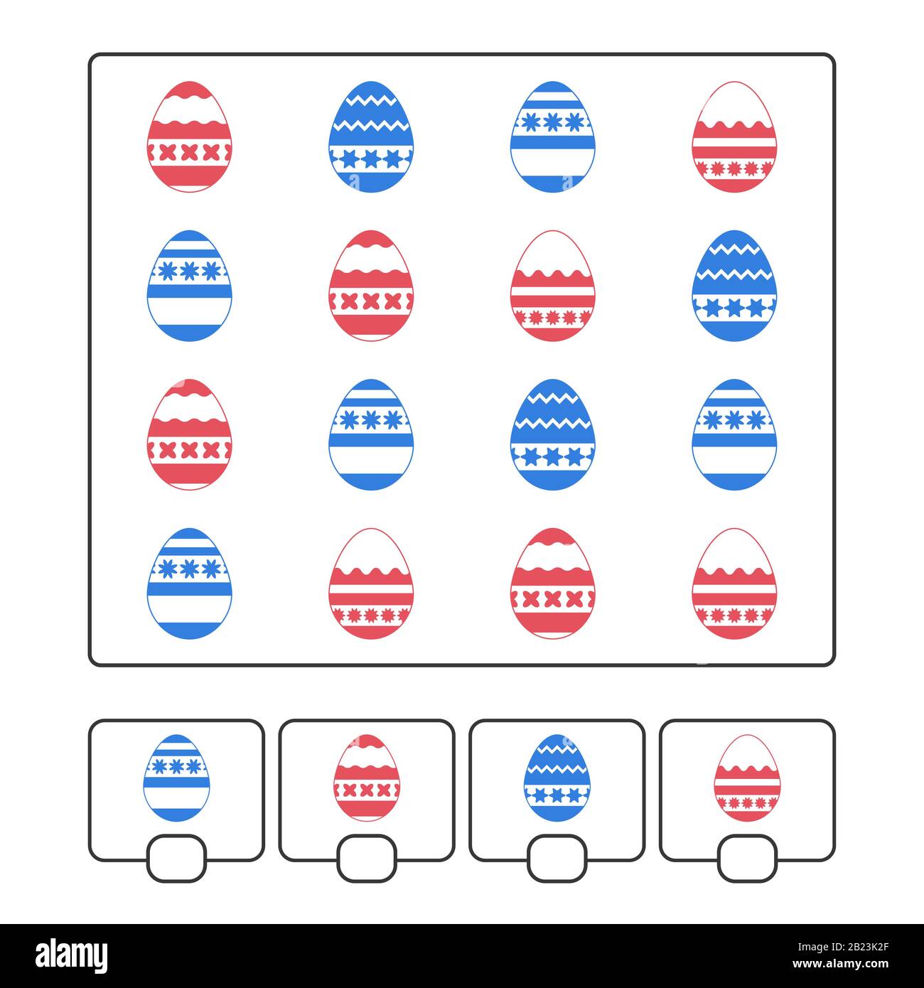 Zählspiel für Vorschulkinder zur Entwicklung mathematischer Fähigkeiten. Wie viel. Ostereier. Mit einem Ort zum Schreiben von Antworten. Einfache Wohnung Stock Vektor