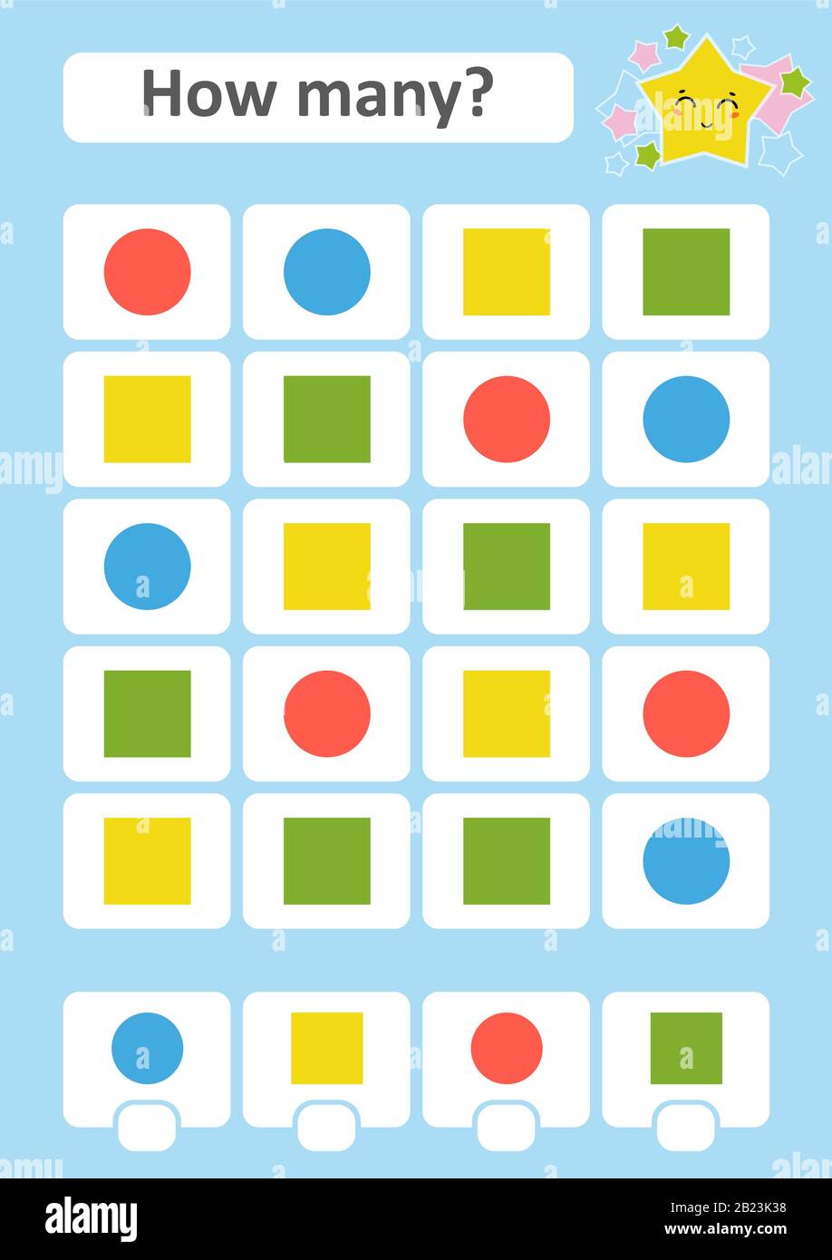 Zählspiel für Vorschulkinder. Das Studium der Mathematik. Wie viele Objekte im Bild. Quadrat, Kreis. Mit einem Ort für Antworten. Einfache Wohnung Stock Vektor