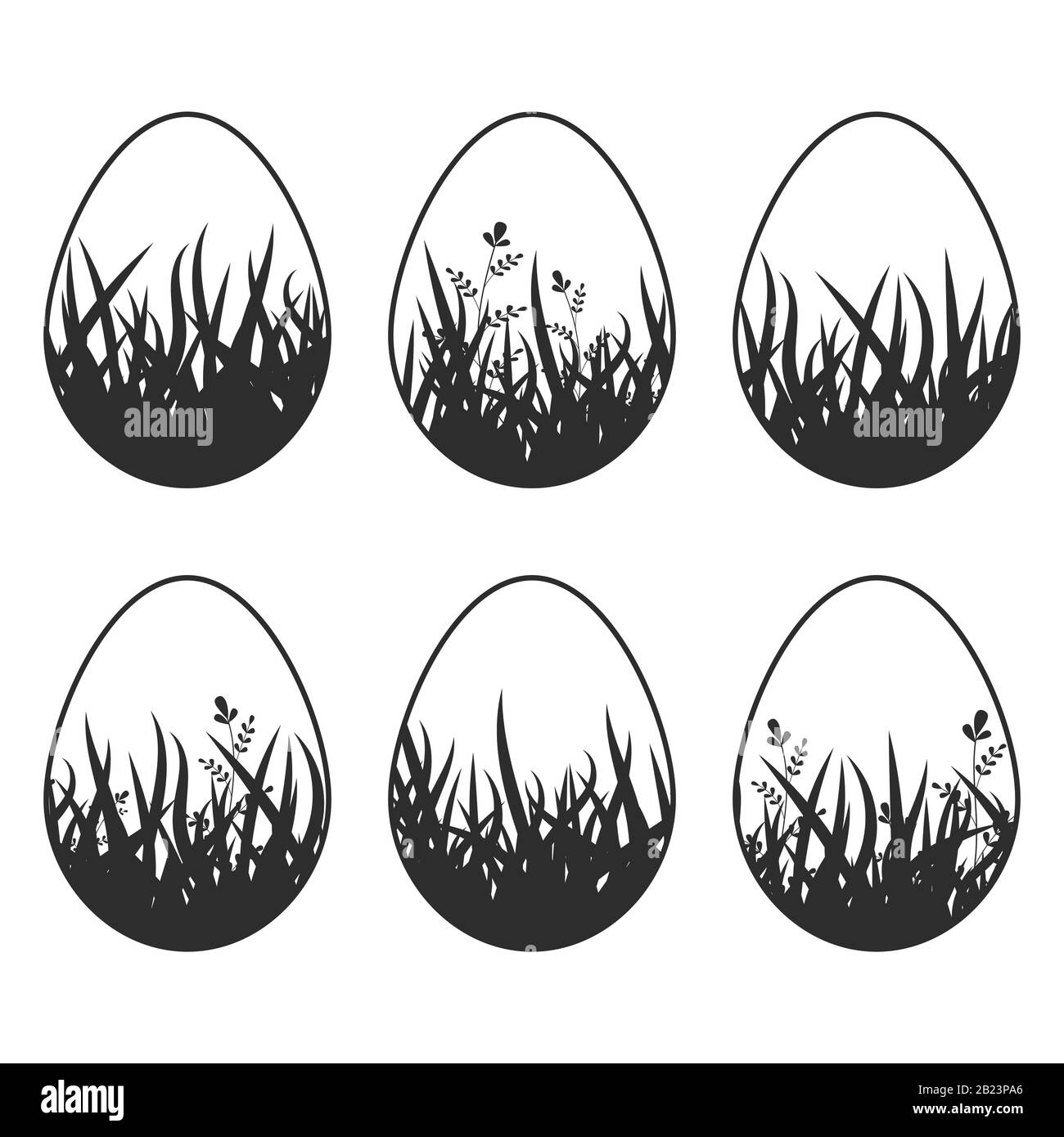 Set schwarzer Silhouetten isolierte Ostereier auf weißem Hintergrund. Mit abstraktem Muster. Einfache Vektorgrafiken. Geeignet für Dekoratio Stock Vektor