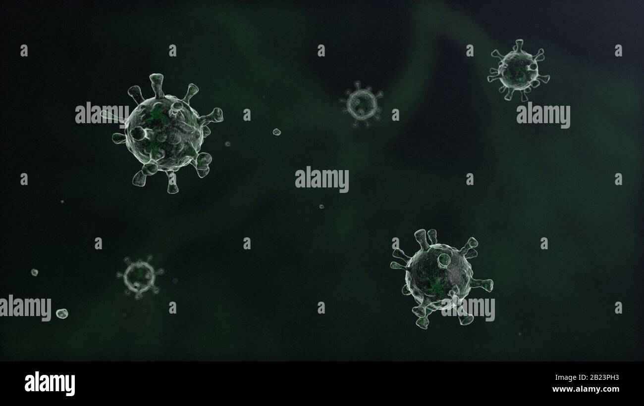 3D computergeneriertes Bild einer Gruppe von vergrößerten Corona-Viruszellen oder Mikroben, die im Mikroskop auf dunklem Hintergrund zu sehen sind Stockfoto