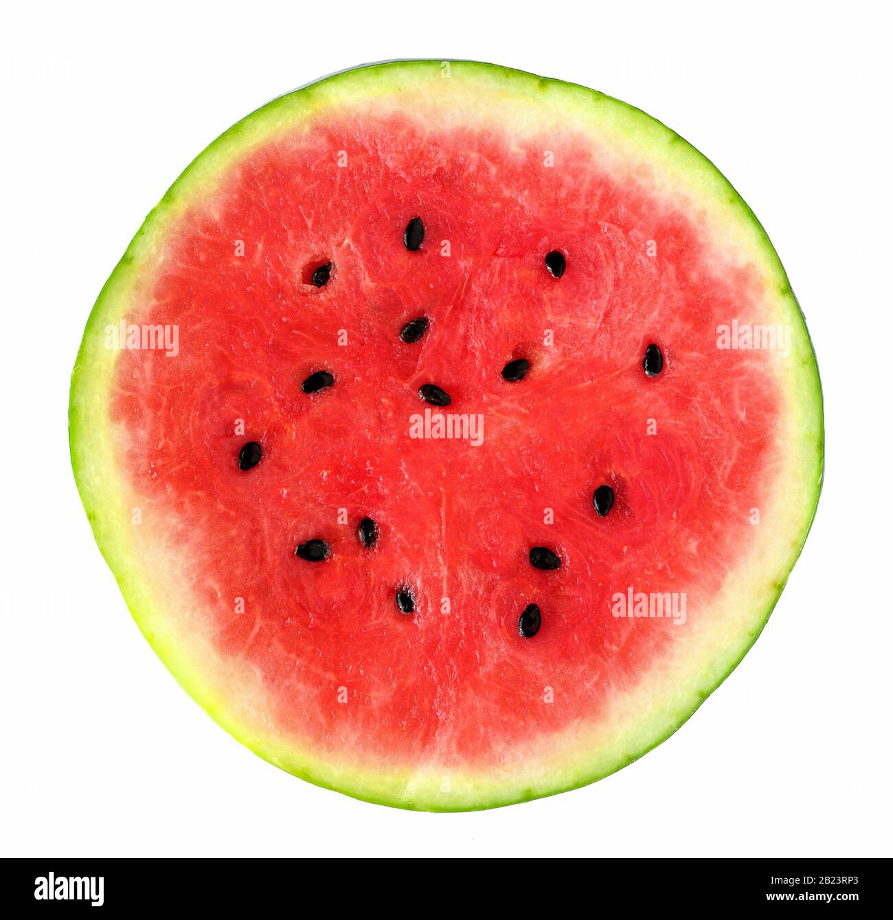 Scheibe frischer runder Wassermelone isoliert auf weißem Hintergrund Stockfoto