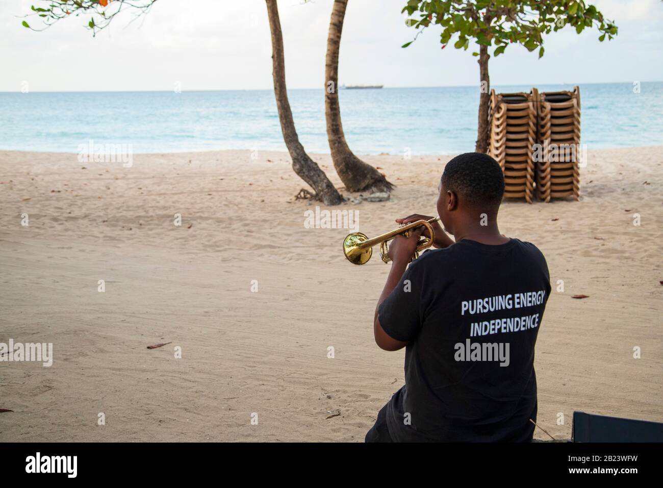 Junger Trompeter spielt Trompete in einem Hemd - Umweltschutz - 'Energieunabhängigkeit anstreben' Stockfoto