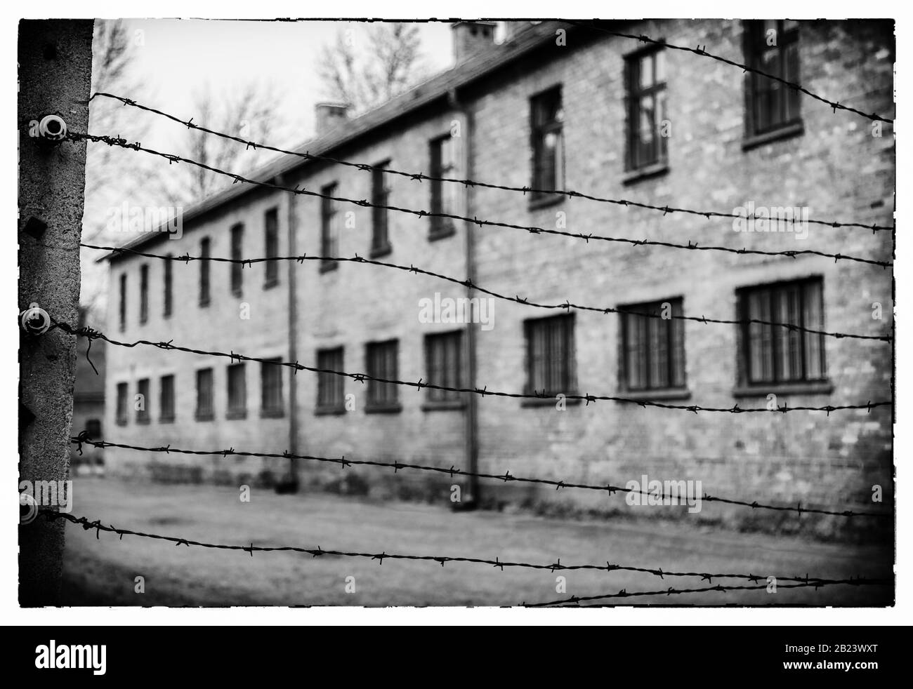 Nahaufnahme des elektrifizierten Zauns, der die Gebäude im Auschwitzmuseum Birkenau und die Gedenkstätte der Nazi-Todeslager des zweiten Weltkriegs umschließt Stockfoto