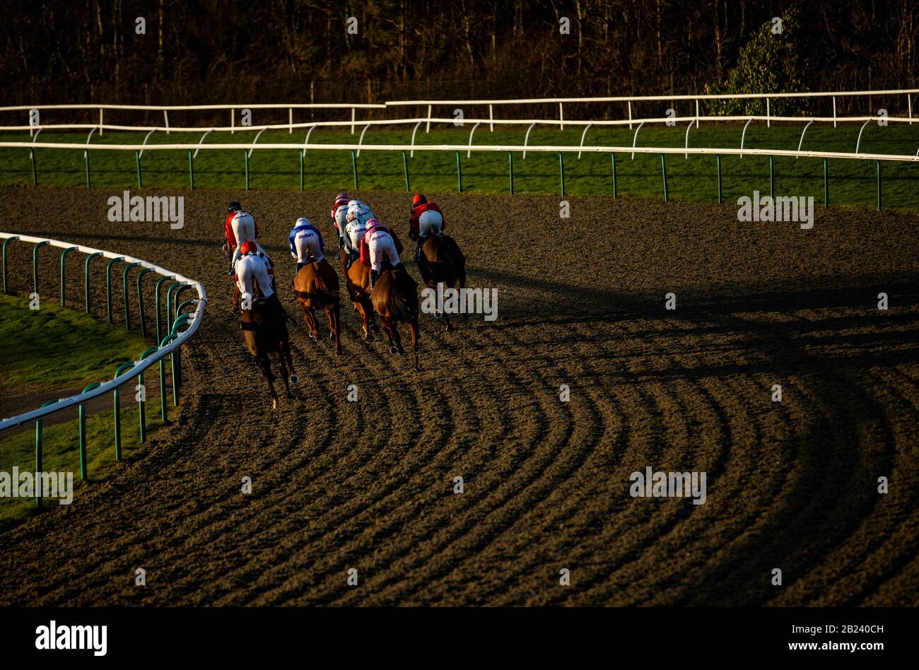 Eine allgemeine Ansicht der Fahrer, die während des Ladbrokes Spring Cup Day auf der Pferderennbahn Lingfield Park in der Betway Apprentice Handicap gegeneinander antreten. Stockfoto