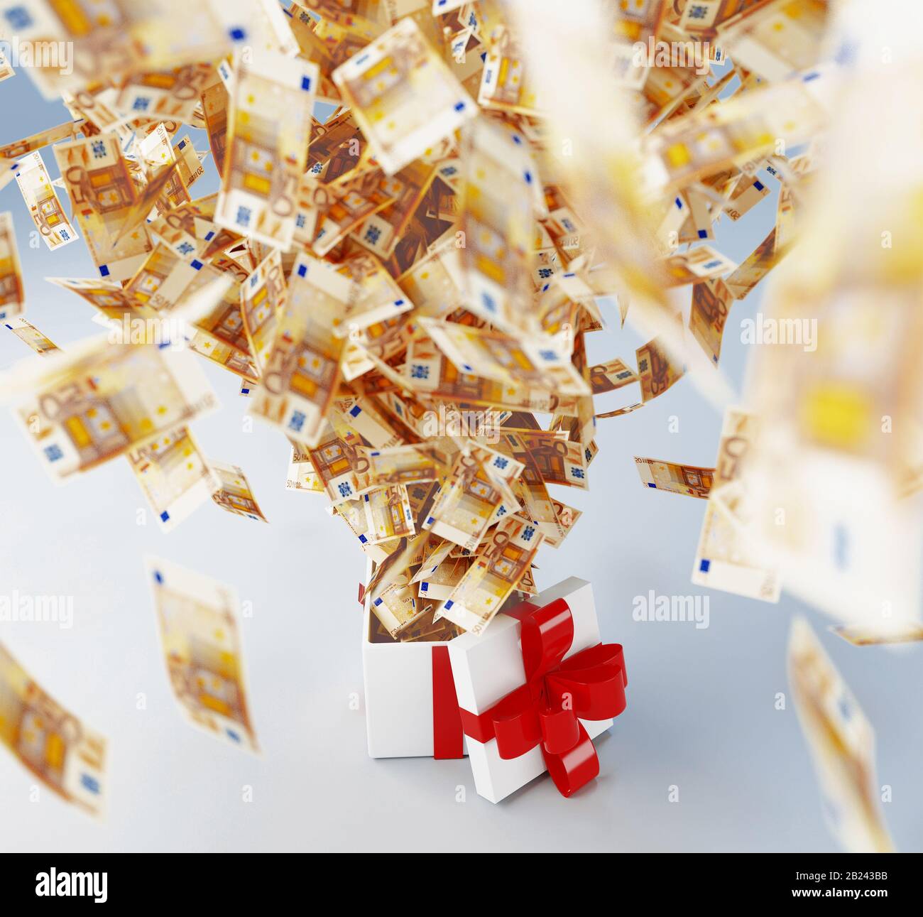 Geschenkbox mit Euro-Banknote, 3D-Rendering Stockfoto