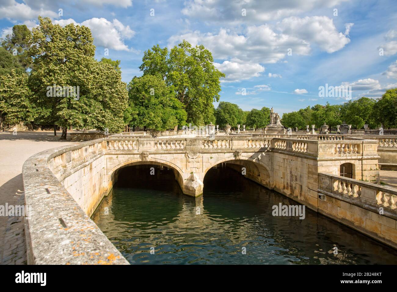 Die Jardins de la Fontaine in Nîmes. Der Park ist ein neoklassizistischer Landschaftsgarten, der um die Quelle der Wasserquelle Gard, Provence, Frankreich herum angelegt wurde Stockfoto