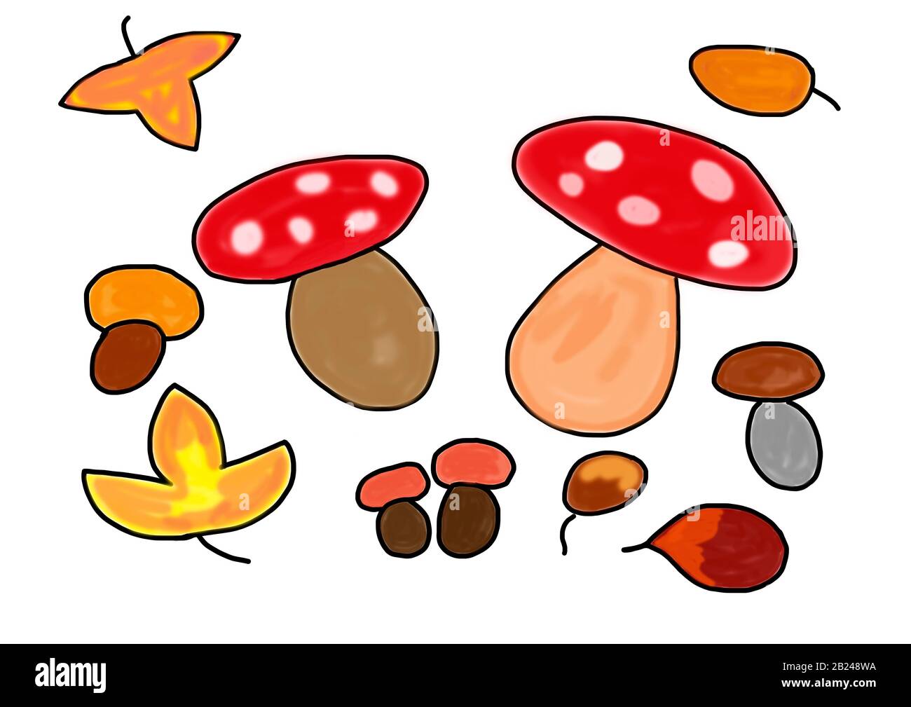Naive Illustration, Kinderzeichnung, verschiedene Pilze, Deutschland Stockfoto