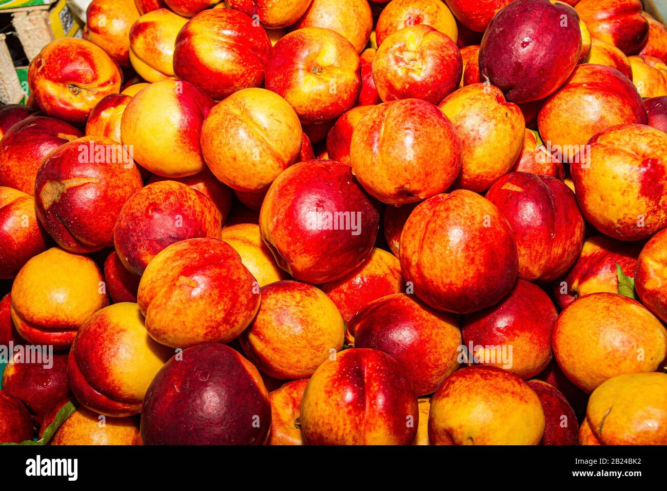 Hochenergetische antioxidative Lebensmittel, saftige Neactarine, Superfrucht auf dem lokalen Obstmarkt. Ernährungskonzept für das Gesundheitswesen. Stockfoto