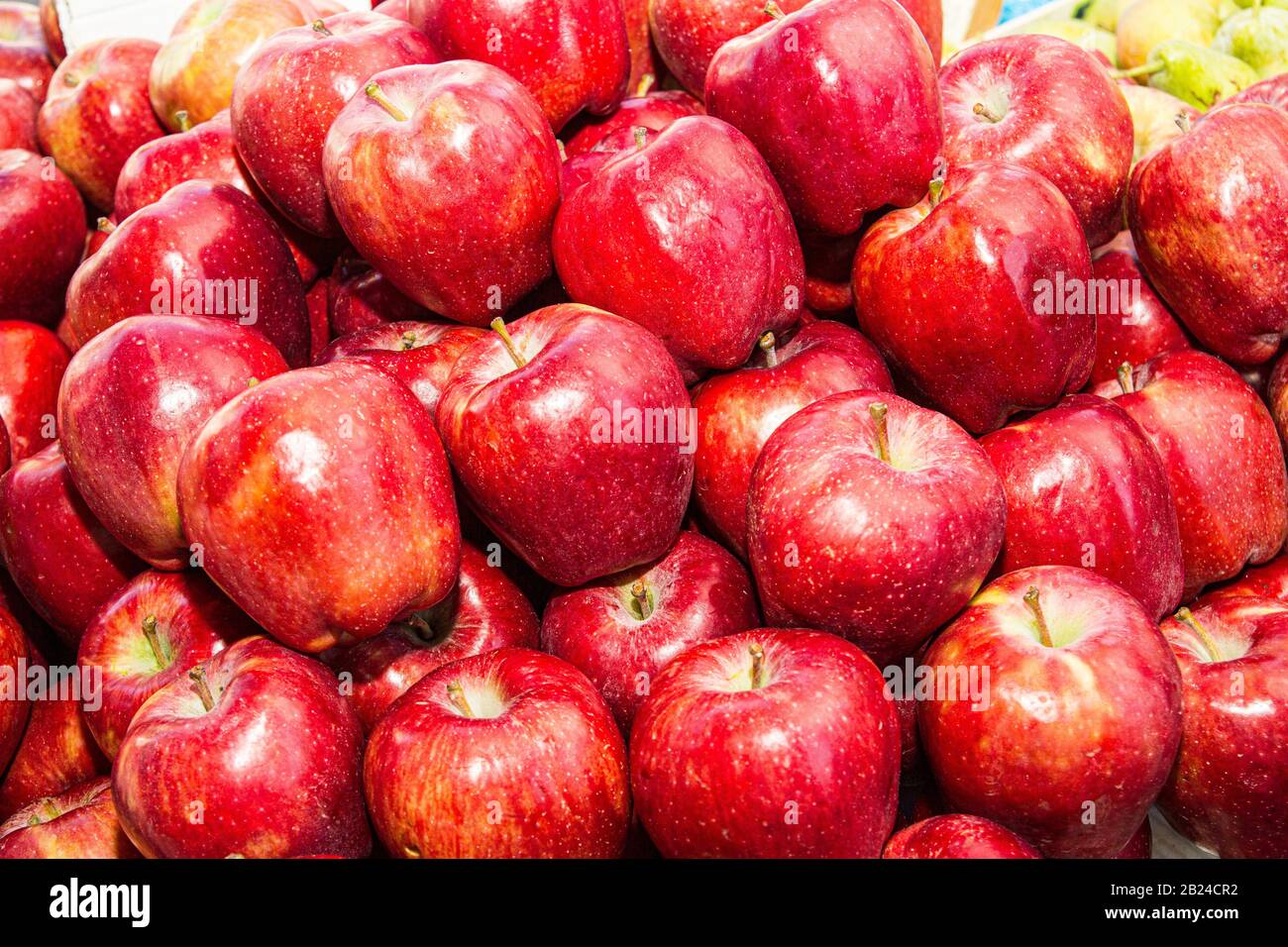 Saftige Gesundheit Booster-Power Gesundheit Gemüse frisch geerntete Äpfel auf einem Freiluft-Obstmarktstand. Stockfoto