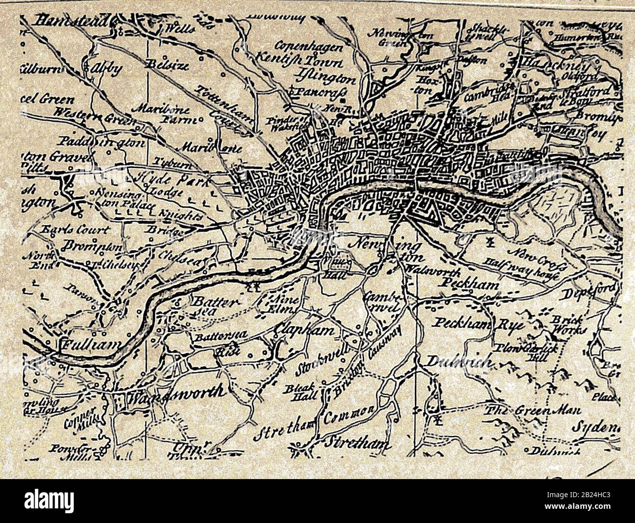 Eine Karte der Stadt London (Großbritannien), Dörfer, Gasthäuser, Umgebung usw. in den 1700 Jahren, mit Schreibweisen zu dieser Zeit Stockfoto