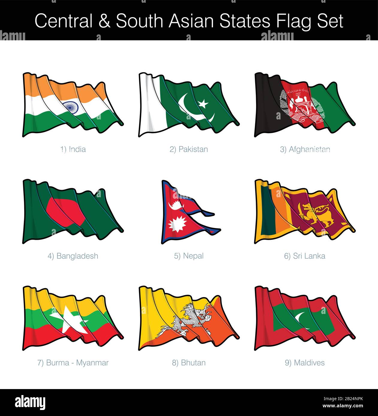 Mittel- und südasiatische Staaten Winken Flaggensatz. Der Satz umfasst die Flaggen Indiens, Pakistans, Afghanistans, Bangladeschs, Nepals, Sri Lankas, Burmas und Bhutas Stock Vektor