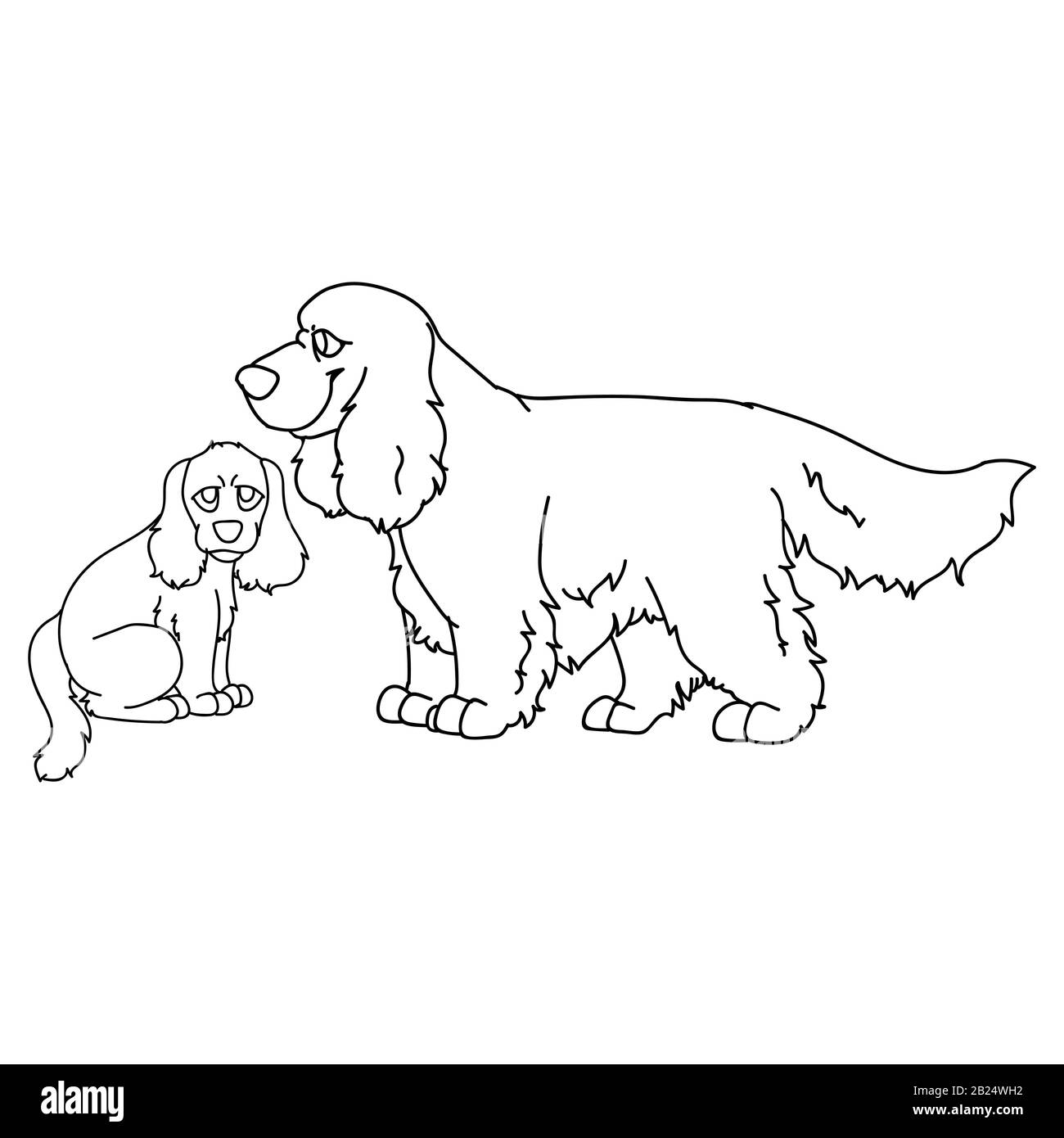 Süßer Kartonkokerspanielhund und Welpen züchten Lineart Vektor-Clipart. Pedigreedoggie für Hundefreunde. Reinrassige Haustier für Haustierzimmer Stock Vektor