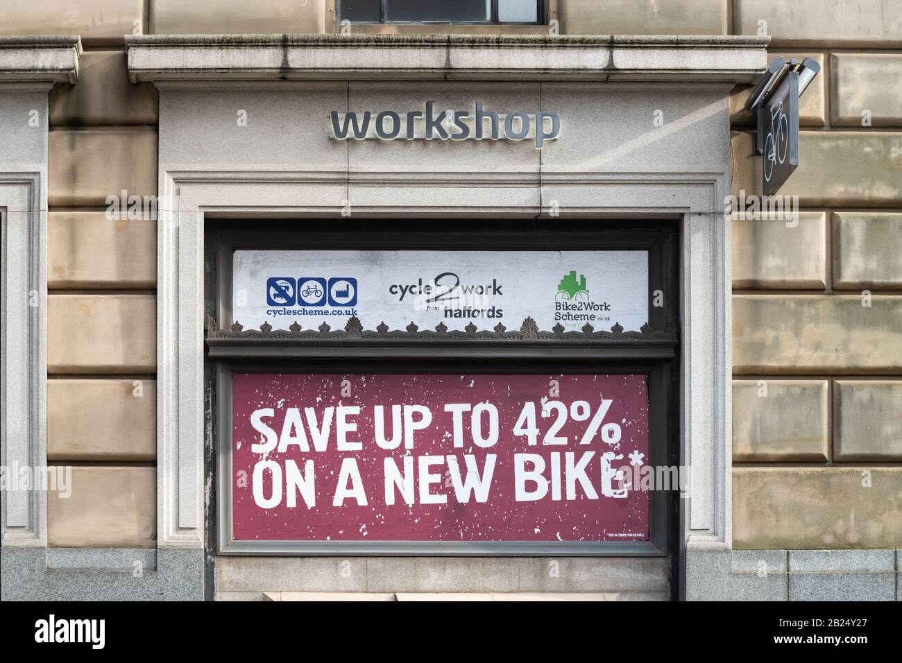 Cycle Republic Werkstatt Werbung Fahrrad 2 Arbeitsschema und Zyklus 2 Arbeit aus Halfords, Glasgow, Schottland, Großbritannien Stockfoto