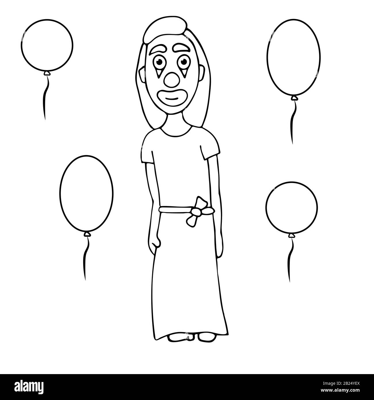 Cartoon Woman clown in einem Kleid mit Luftballons. Weißer Hintergrund isolierte Umrisse Stock Vector Illustration Stock Vektor