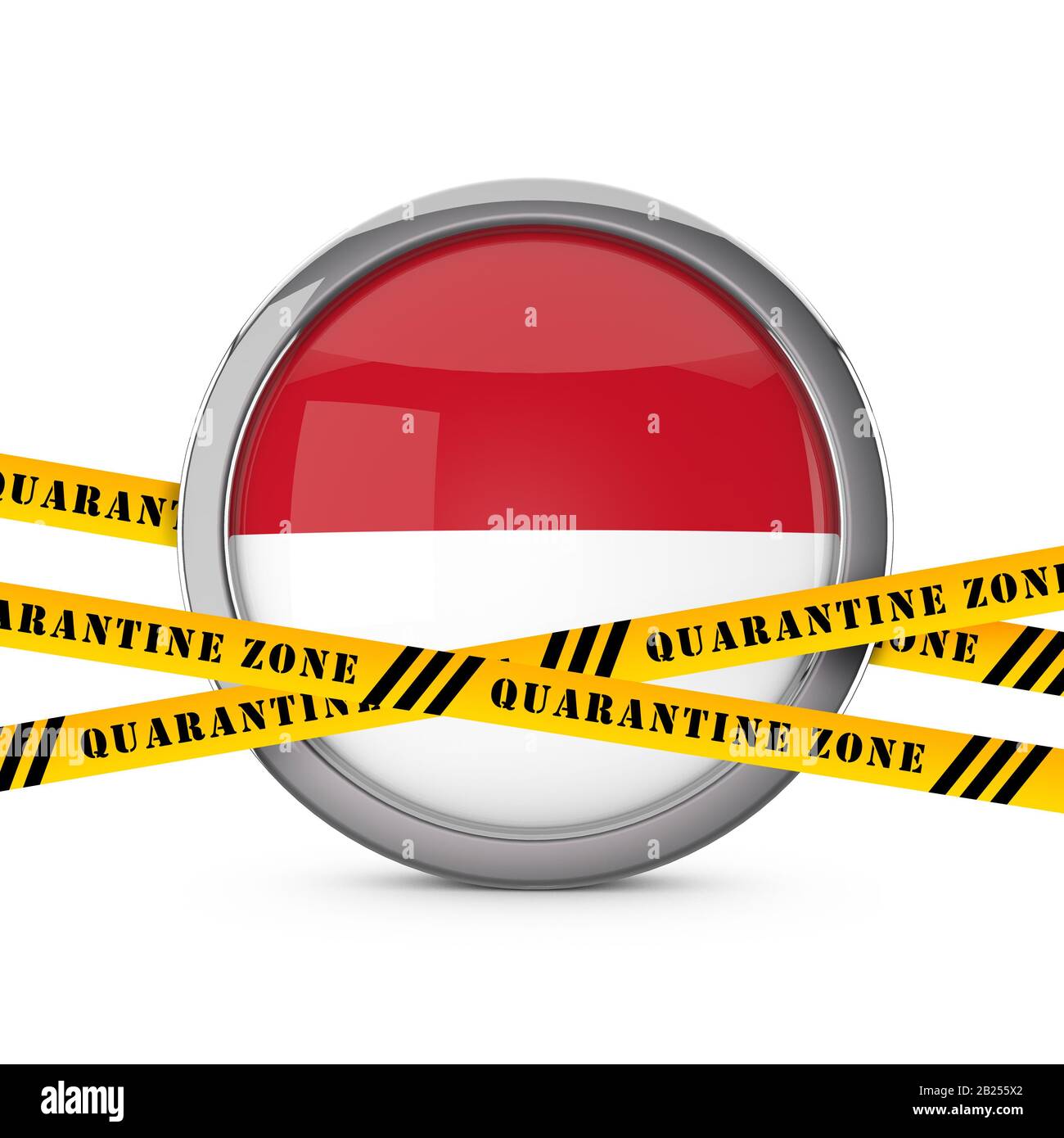 Indonesien-Flagge mit gelbem Quarantäne-Warnband. 3D-Rendering Stockfoto