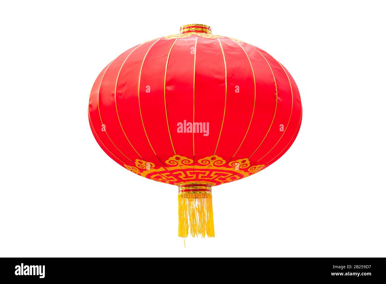Eine schöne chinesische rote Laterne mit Fransen, isoliert auf dem weißen Hintergrund, auch genannt Palastlaterne, die während verschiedener chinesischer festiva hängt Stockfoto