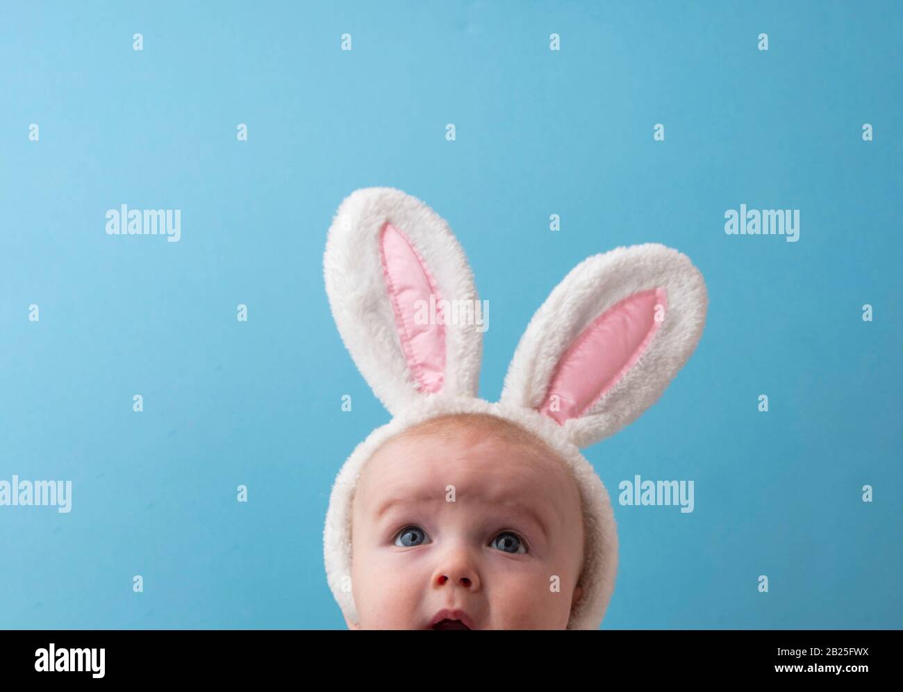 Süßes kleines Baby mit weißen easter Hunny Ohren vor blauem Hintergrund Stockfoto