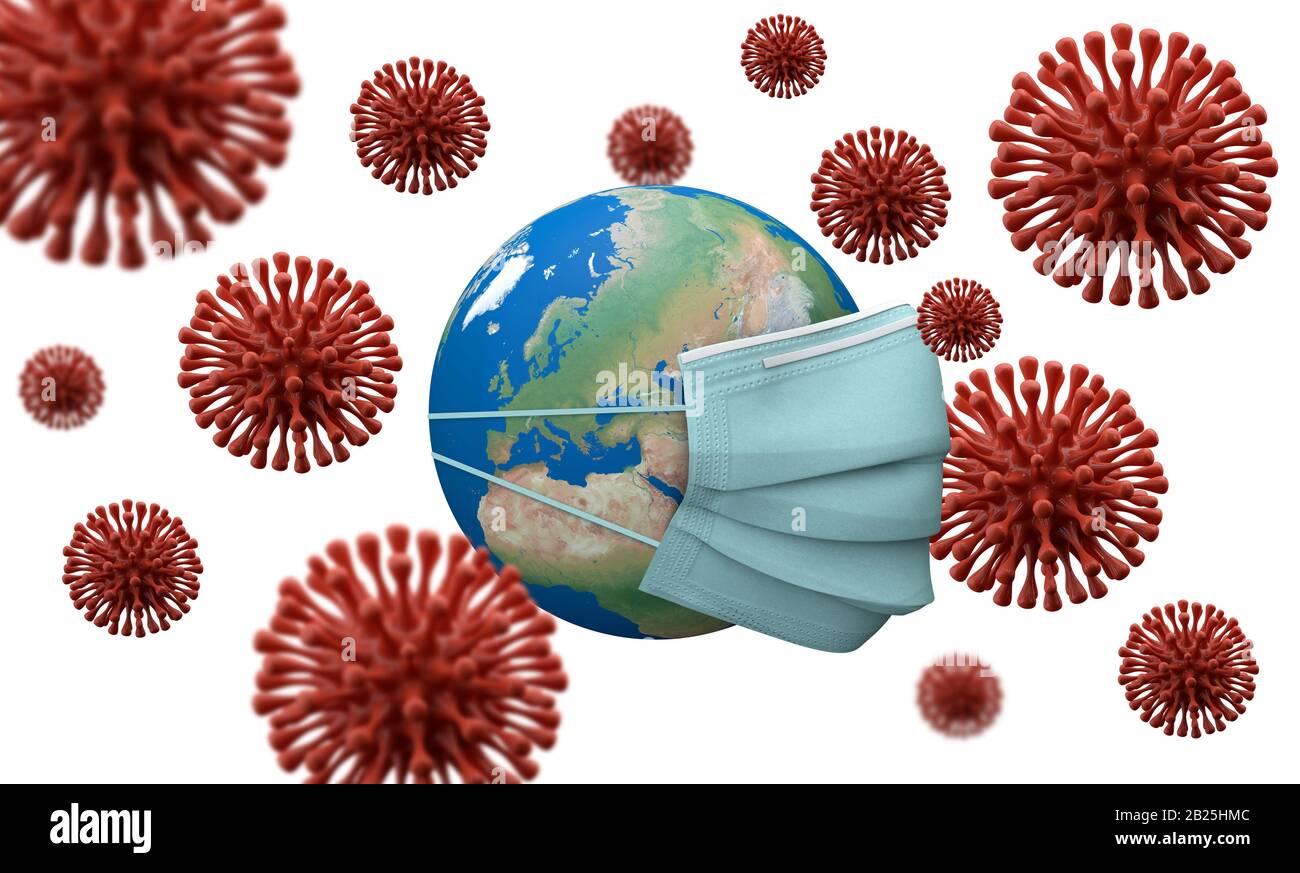 Europäischer Kontinent mit einer Schutzmaske bedeckt. Ausbruch des Coronavirus. 3D-Rendering Stockfoto