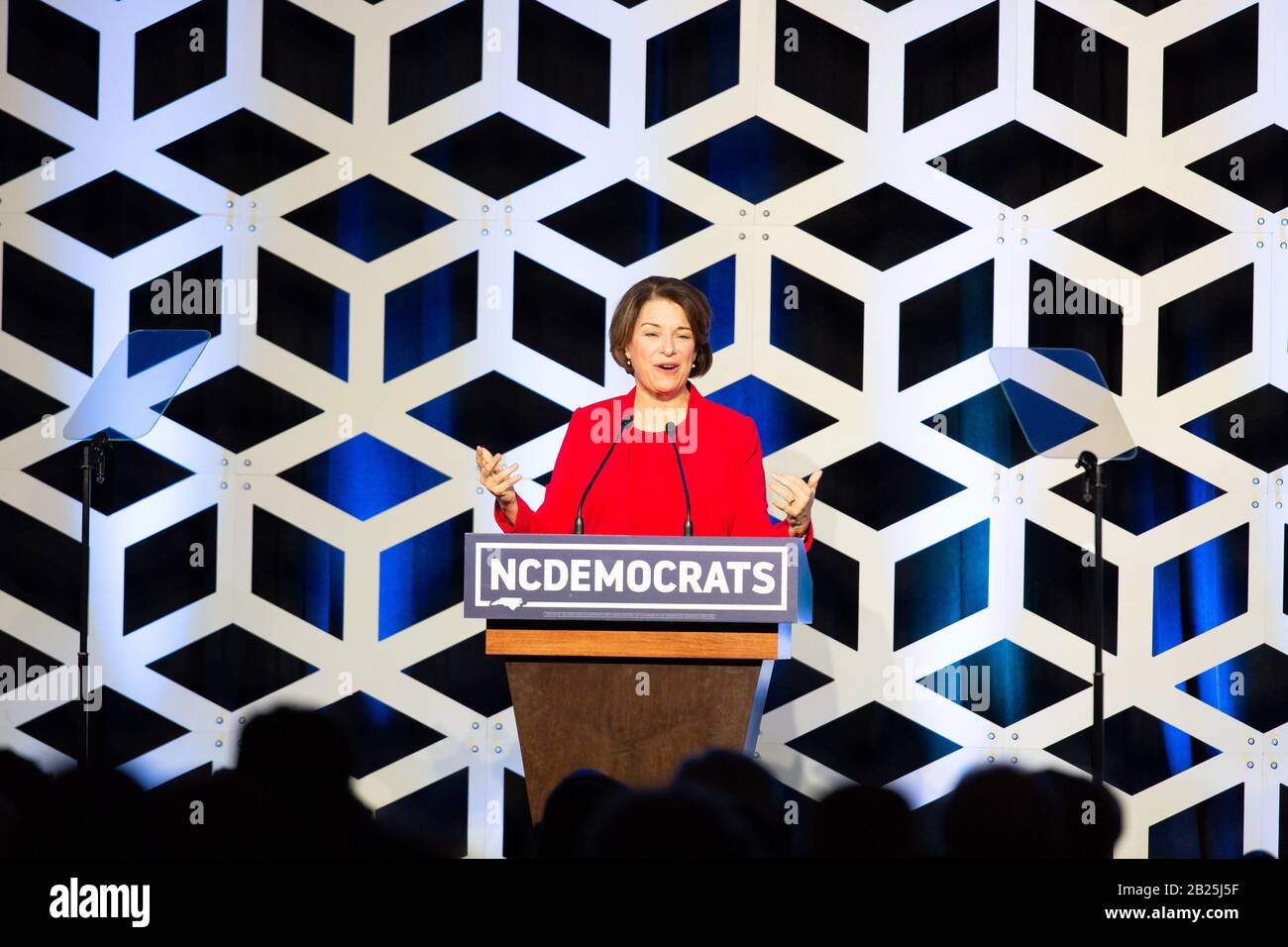 Charlotte, USA. Februar 2020. Die demokratische Präsidentschaftskandidatin Amy Klobuchar spricht bei der Blue NC-Feier im Hilton Charlotte University Place Hotel am 29. Februar 2020 in Charlotte, North Carolina. Credit: The Photo Access/Alamy Live News Stockfoto