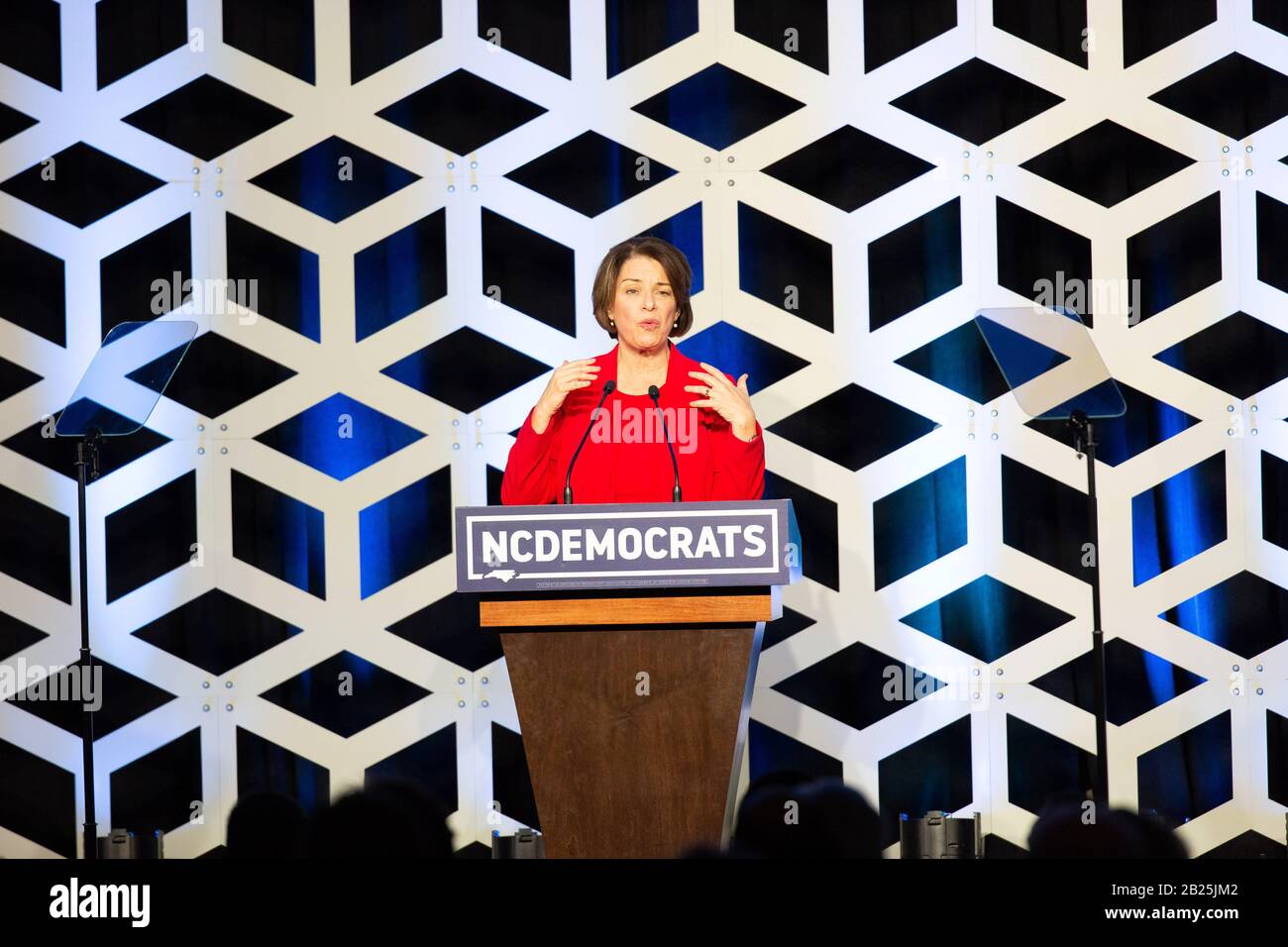 Charlotte, USA. Februar 2020. Die demokratische Präsidentschaftskandidatin Amy Klobuchar spricht bei der Blue NC-Feier im Hilton Charlotte University Place Hotel am 29. Februar 2020 in Charlotte, North Carolina. Credit: The Photo Access/Alamy Live News Stockfoto