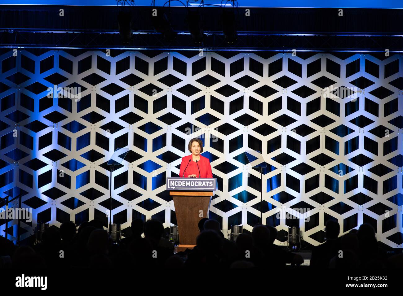 Charlotte, USA. Februar 2020. Die demokratische Präsidentschaftskandidatin Amy Klobuchar spricht bei der Blue NC-Feier im Hilton Charlotte University Place Hotel am 29. Februar 2020 in Charlotte, North Carolina. Credit: The Photo Access/Alamy Live News Stockfoto