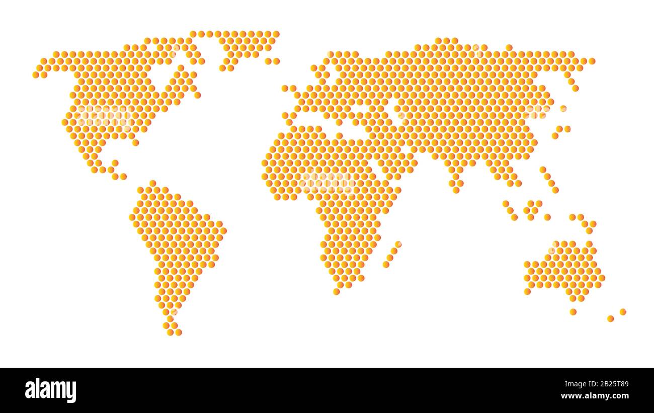 Gepunktete Weltkarte. Orangefarbene Punkte auf dem weißen Hintergrund. Stockfoto