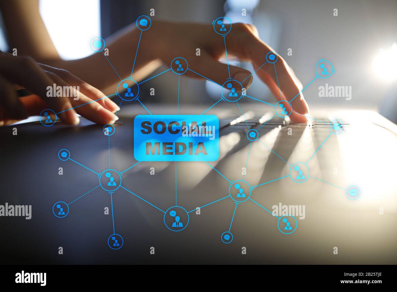 Social media Konzept auf virtuellen Bildschirm. Die globale Kommunikation Netzwerk Stockfoto