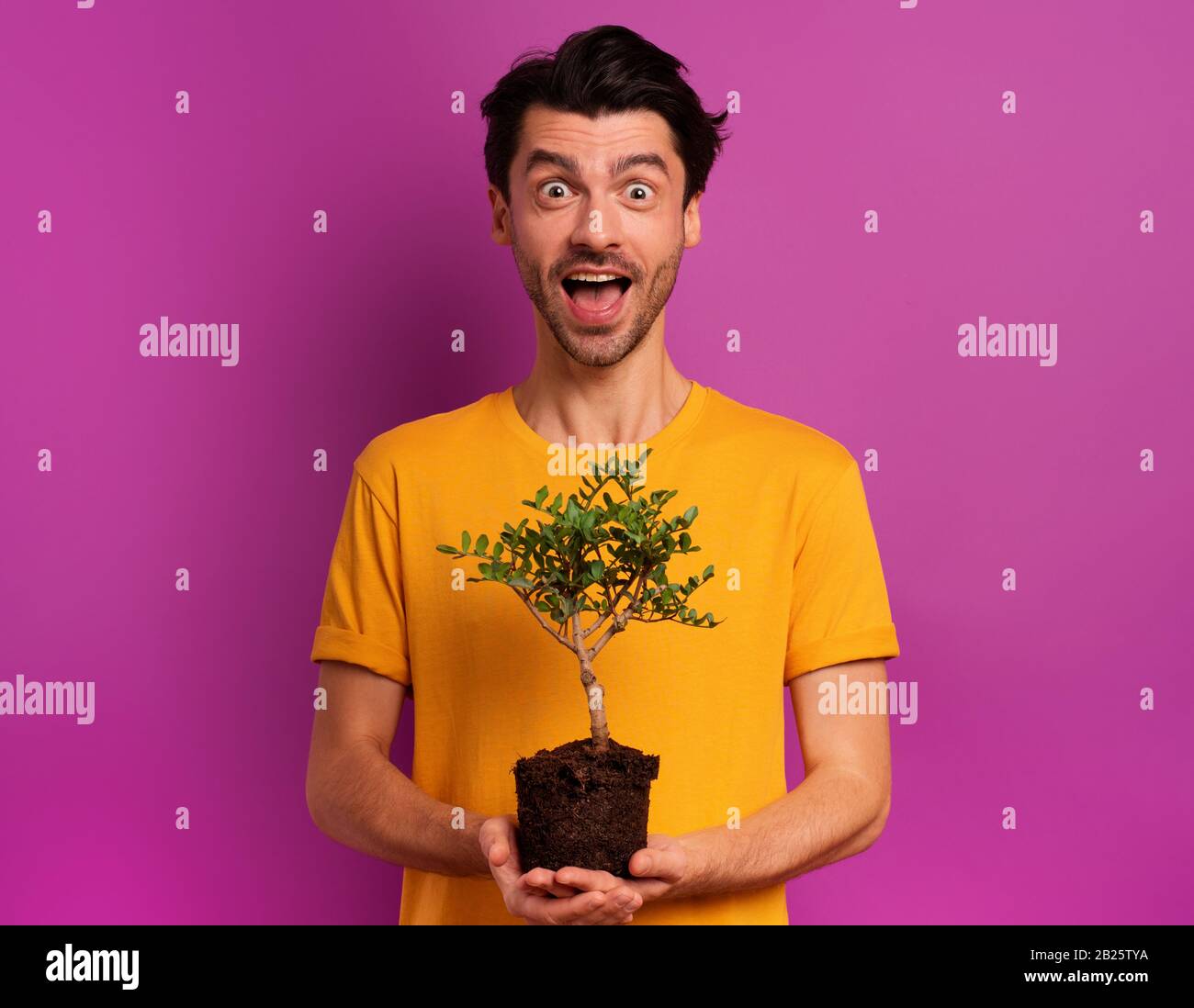 Der glückliche Junge hält einen kleinen Baum bereit, der über eine Lichtfarbe gepflanzt werden kann. Konzept der Aufforstung, Ökologie und Erhaltung Stockfoto