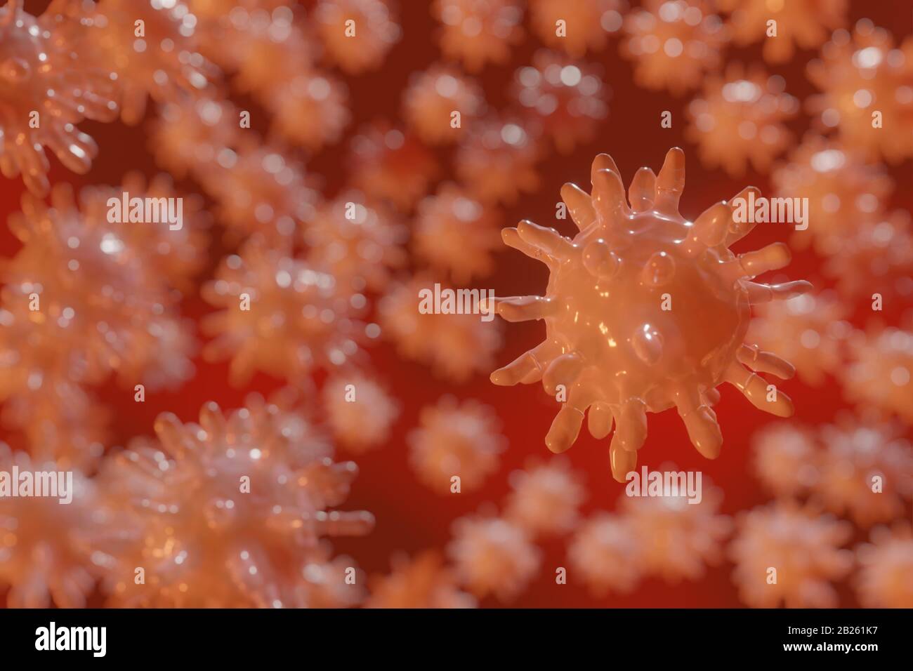 3D-Rendering von Coronavirus. Nahaufnahme der Mikroskopvirenzellen Stockfoto