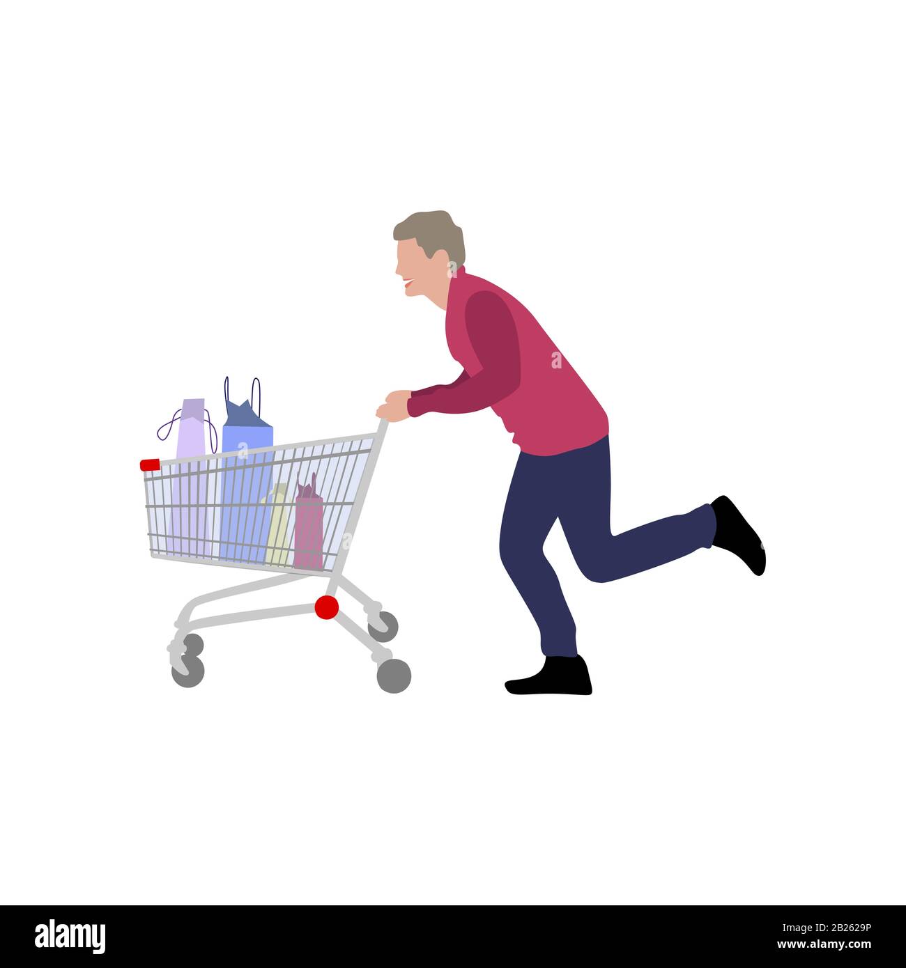 Mann mit vollem Einkaufswagen aus dem Supermarkt. Vektorfigur läuft Hypermarket weg, Person mit Schubkarre nach dem Einkaufen, Illustrations-Typ mit Korbflechterei in mA Stock Vektor